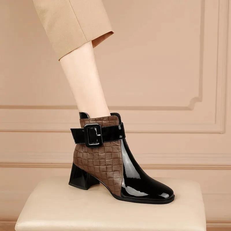 Stylish ankle boots with chunky heel, retro buckle design, side zipper, and comfortable PU cover.