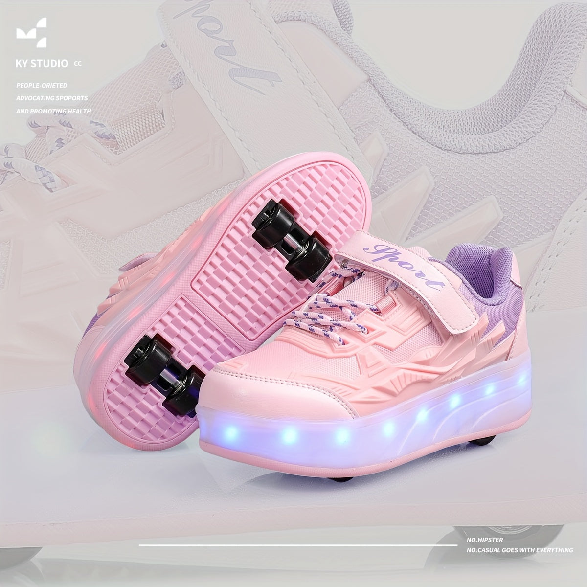 Stylish low top roller shoes with LED lights for girls, lightweight and breathable with anti-slip wheels for all seasons, suitable for indoor and outdoor use.