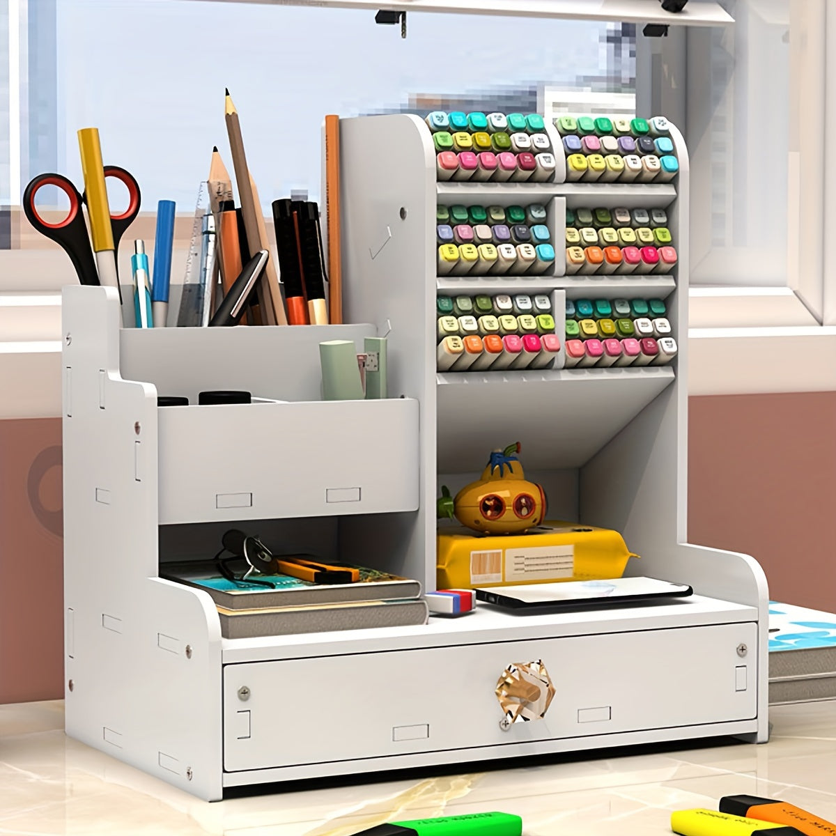 White Desktop Bookshelf with Slant Plug-in Pen Holder, Drawer and Marker Storage Box.