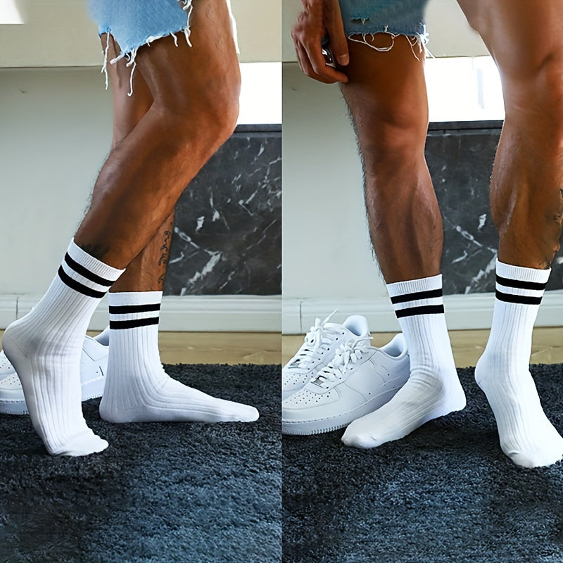 6 pairs of men's trendy striped crew socks, perfect for outdoor and all-season wear