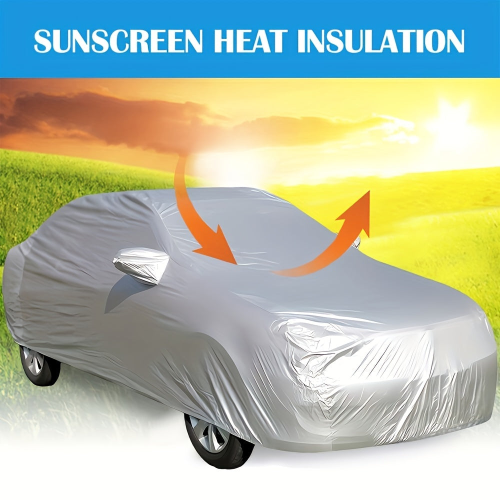 Silver car cover offers UV protection, heat insulation, and waterproofing with a metallic texture for full sunshade and dust cover.