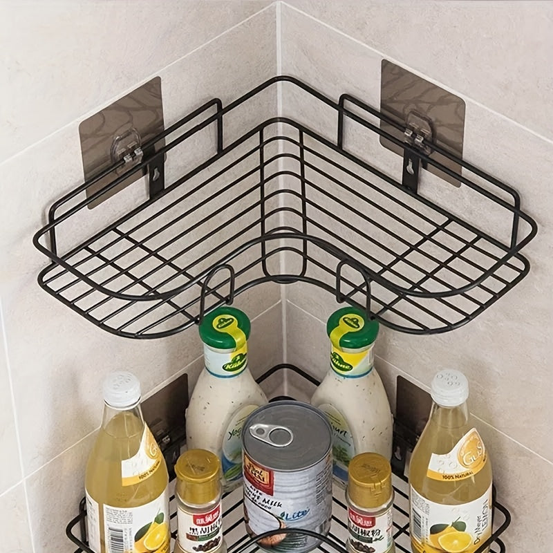 No-drill black metal corner shelf with hooks for robes and towels. Waterproof adhesive mount for bathroom organization.