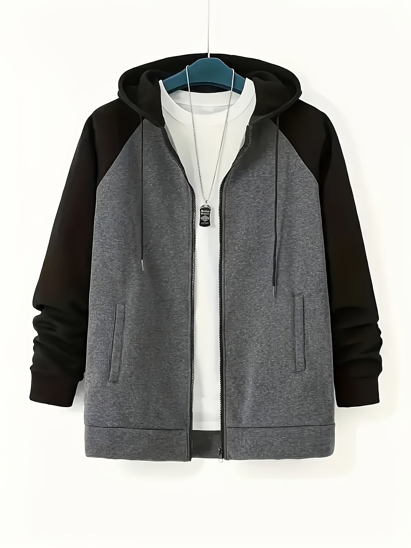 New men's jacket for plus size men with contrast color zipper, plus velvet sweatshirt with hood.