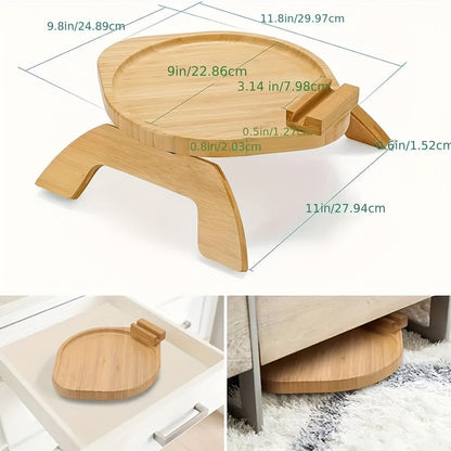 Non-slip sofa tray with phone holder and foldable armrest table, ideal for wide sofas and includes a drink holder shelf. Made of wood.