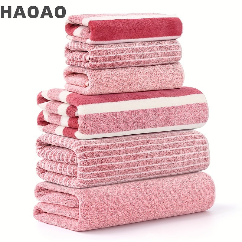 6-piece ultra-soft towel set includes 3 bath towels and 3 hand towels. Made of thick, absorbent coral fleece and skin-friendly polyester blend. Ideal for bathroom essentials.