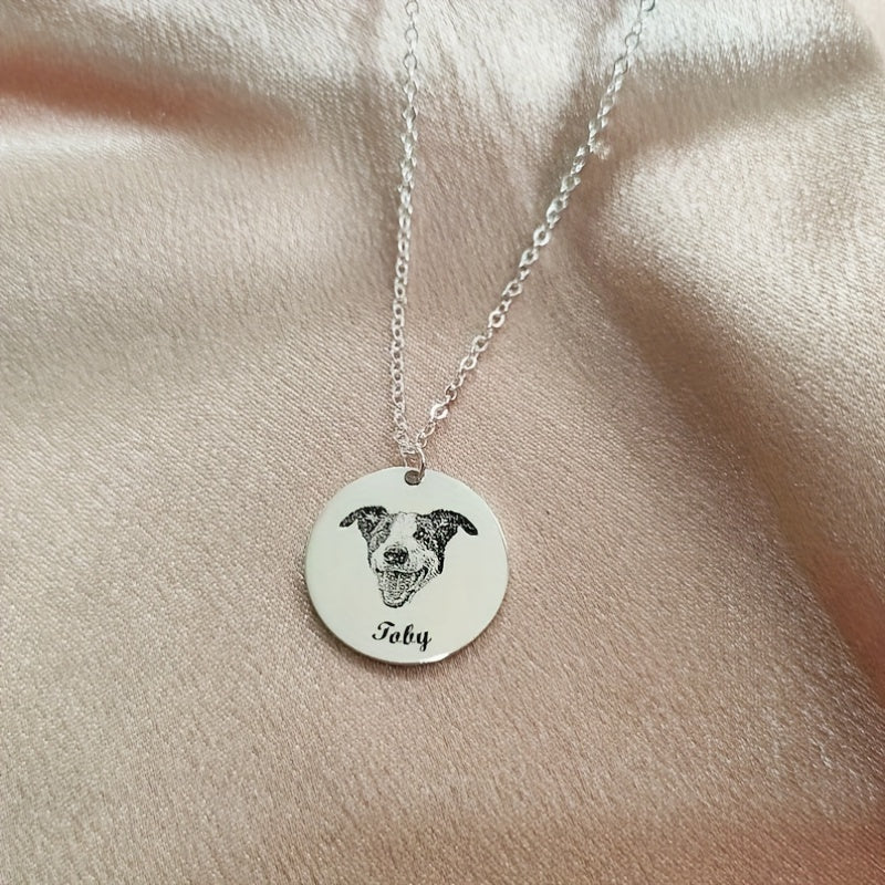 Personalized pet portrait jewelry and necklaces, featuring custom pet photos of dogs and cats.