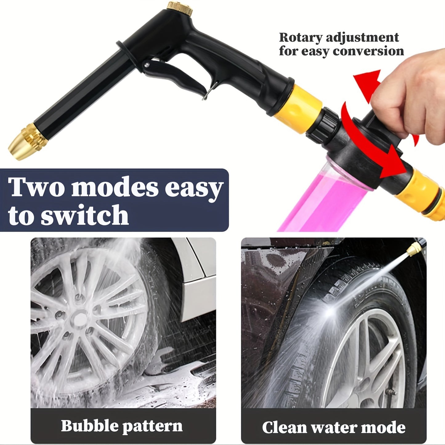 The car wash set includes a high-pressure spray gun with hose and attachments for versatile use on cars, floors, glass, and flowers.