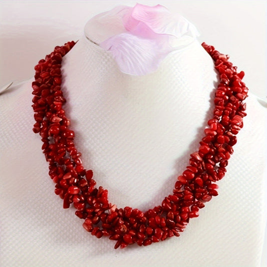 Exquisite Multi-Strand Necklace made of Natural Red Coral Chip Beads for Women - Perfect for Christmas Weddings and Parties, No Plating, High-End Jewelry