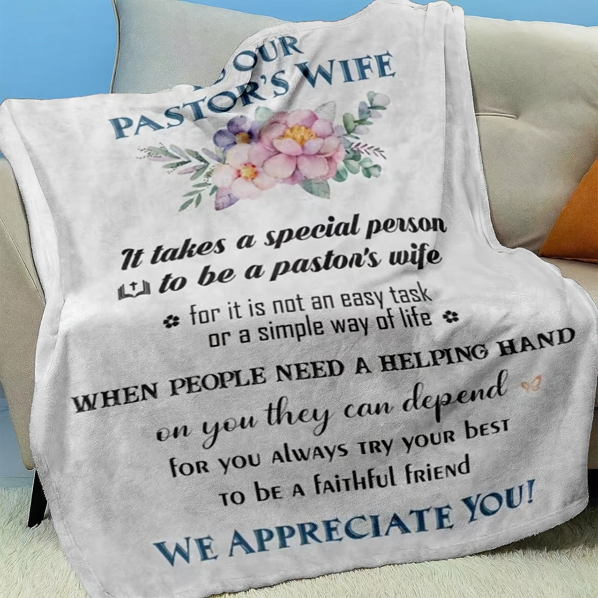 Pastor's Wife Appreciation Gift: Soft Flannel Fleece Blanket - Christian Religious Clergy Spouse Birthday Present - Stain Resistant All-Season Knit Polyester - Digital Print - Size: 127.0cm x 152.4cm.