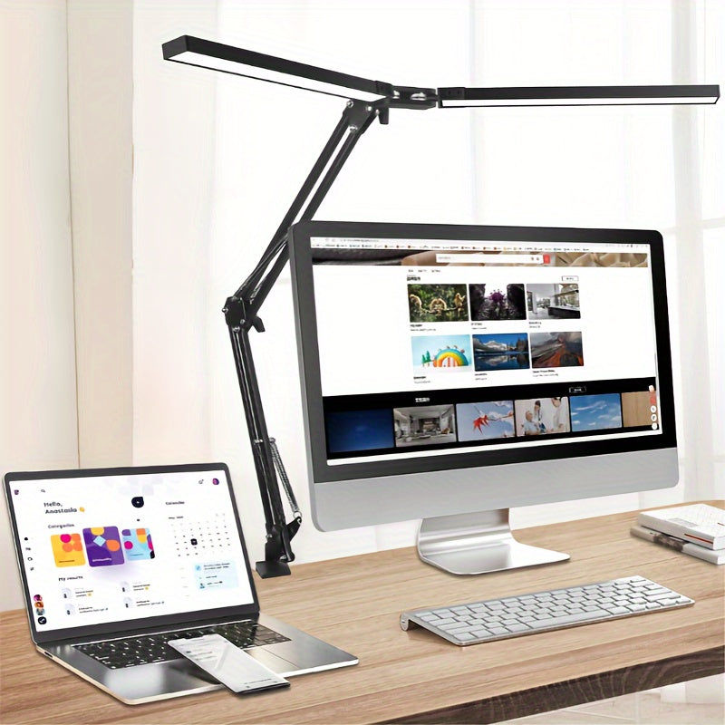 Ultra Wide Double Head LED Desk Lamp with Clamp, 3 Color Modes, 10 Stepless Dimmable, USB Powered