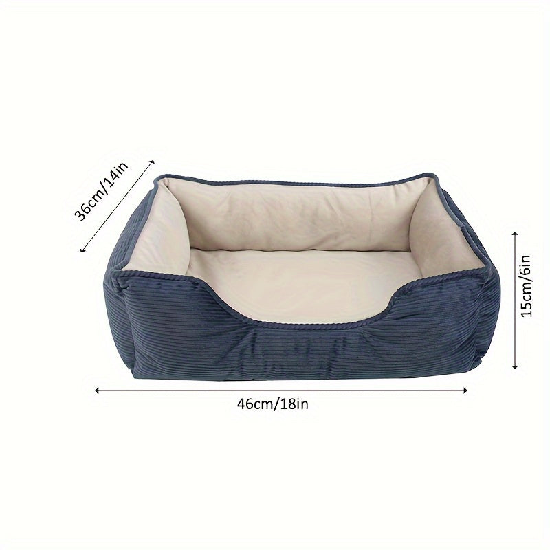 Square pet bed for medium to large dogs, cozy and warm with polyester fiber and pillow cushion, perfect for winter comfort. Beige, non-assemblable design.