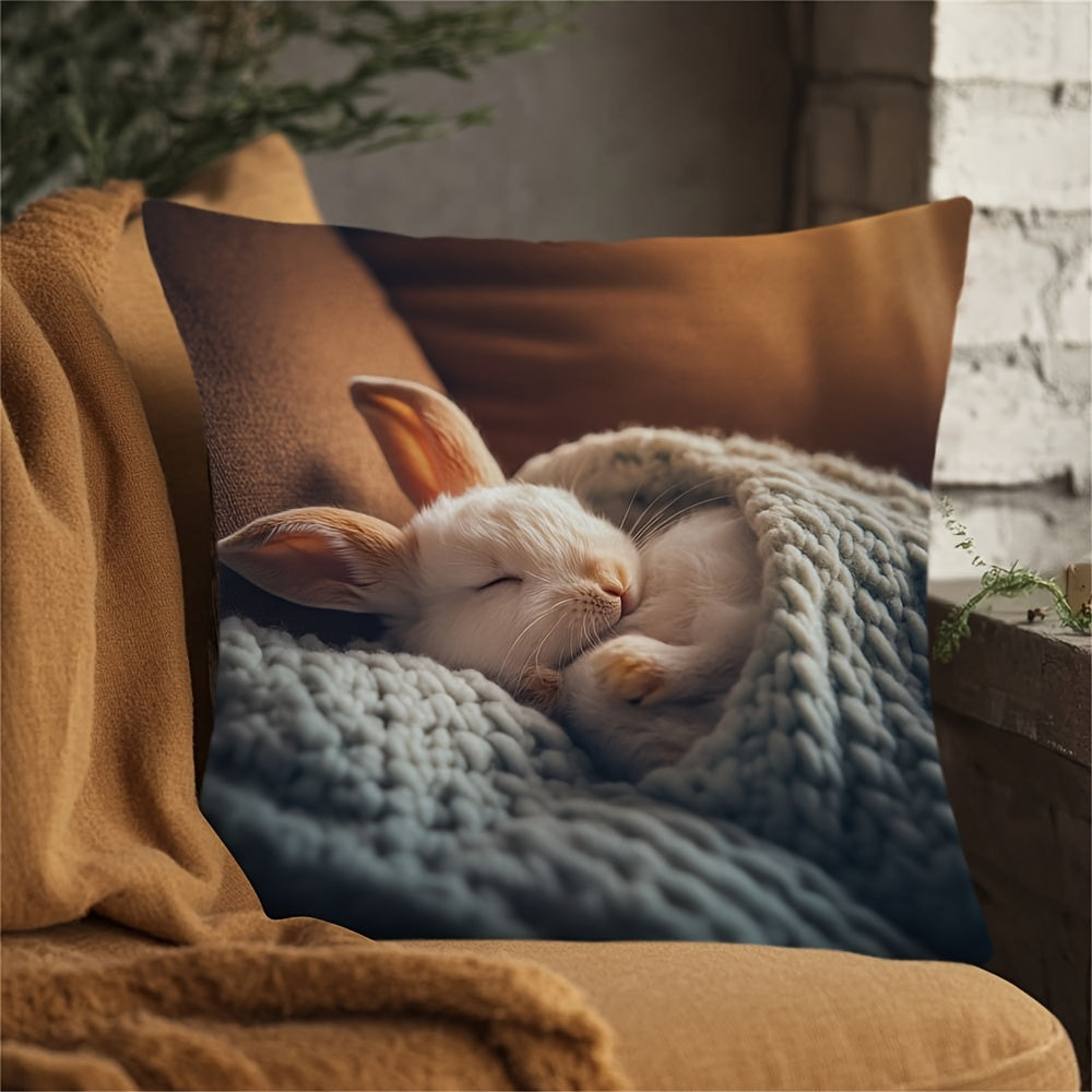 Elegant Sleepy Bunny Christmas Pillowcase - Reversible, Zippered Cushion Cover made of Polyester for Home and Office Decoration.