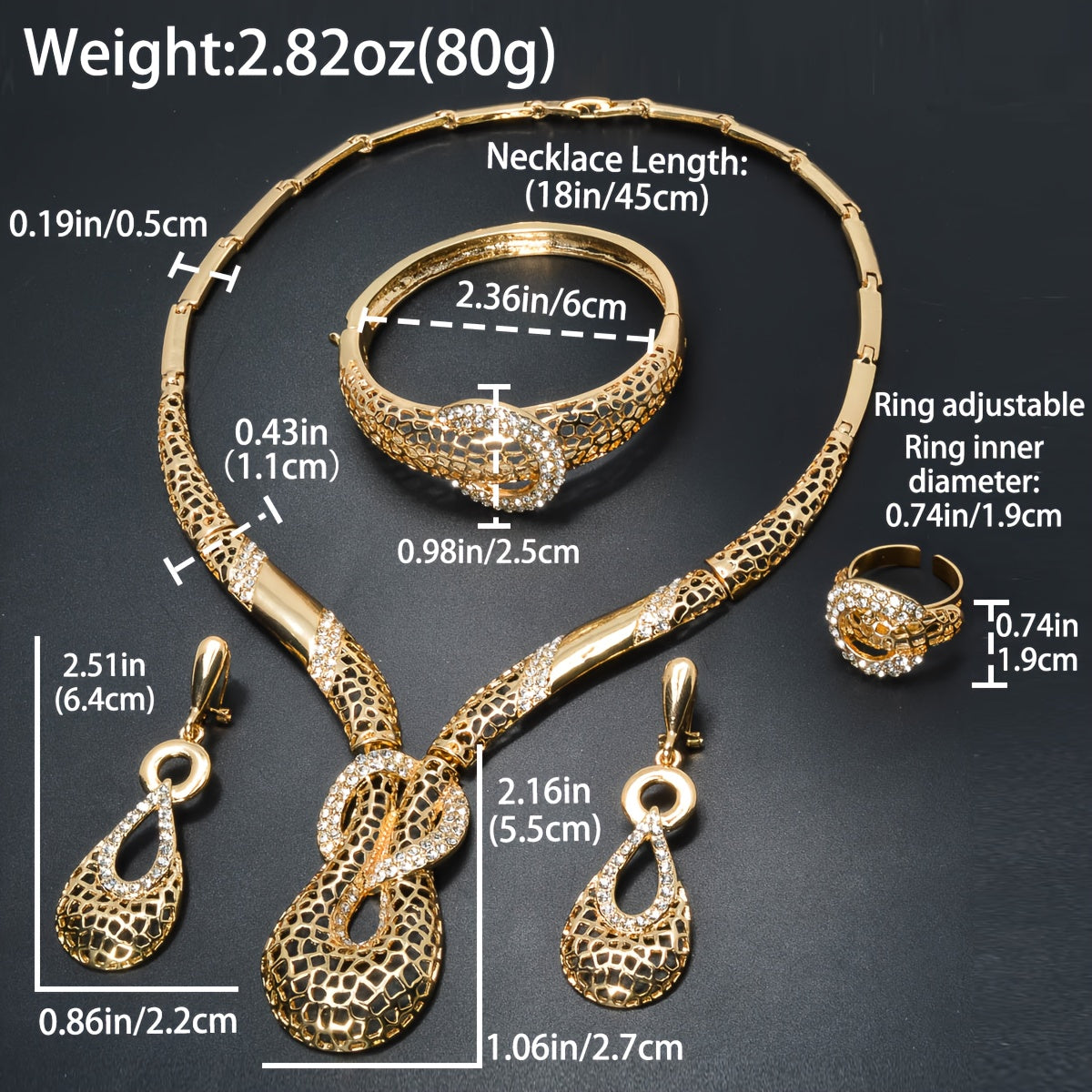 ZEADEAR presents a sophisticated gold-tone jewelry set featuring geometric cutouts. This luxurious collection includes a stunning Y-shaped necklace, bracelet, earrings, and ring, ideal for weddings and parties.