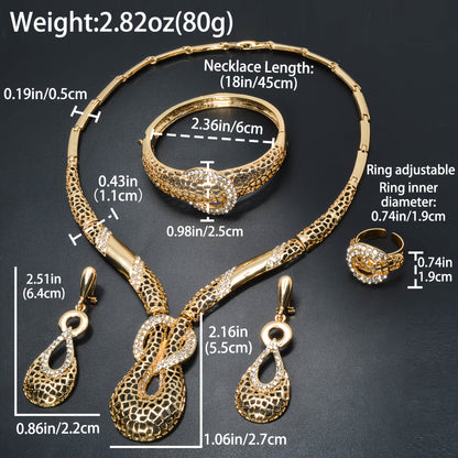 ZEADEAR presents a sophisticated gold-tone jewelry set featuring geometric cutouts. This luxurious collection includes a stunning Y-shaped necklace, bracelet, earrings, and ring, ideal for weddings and parties.