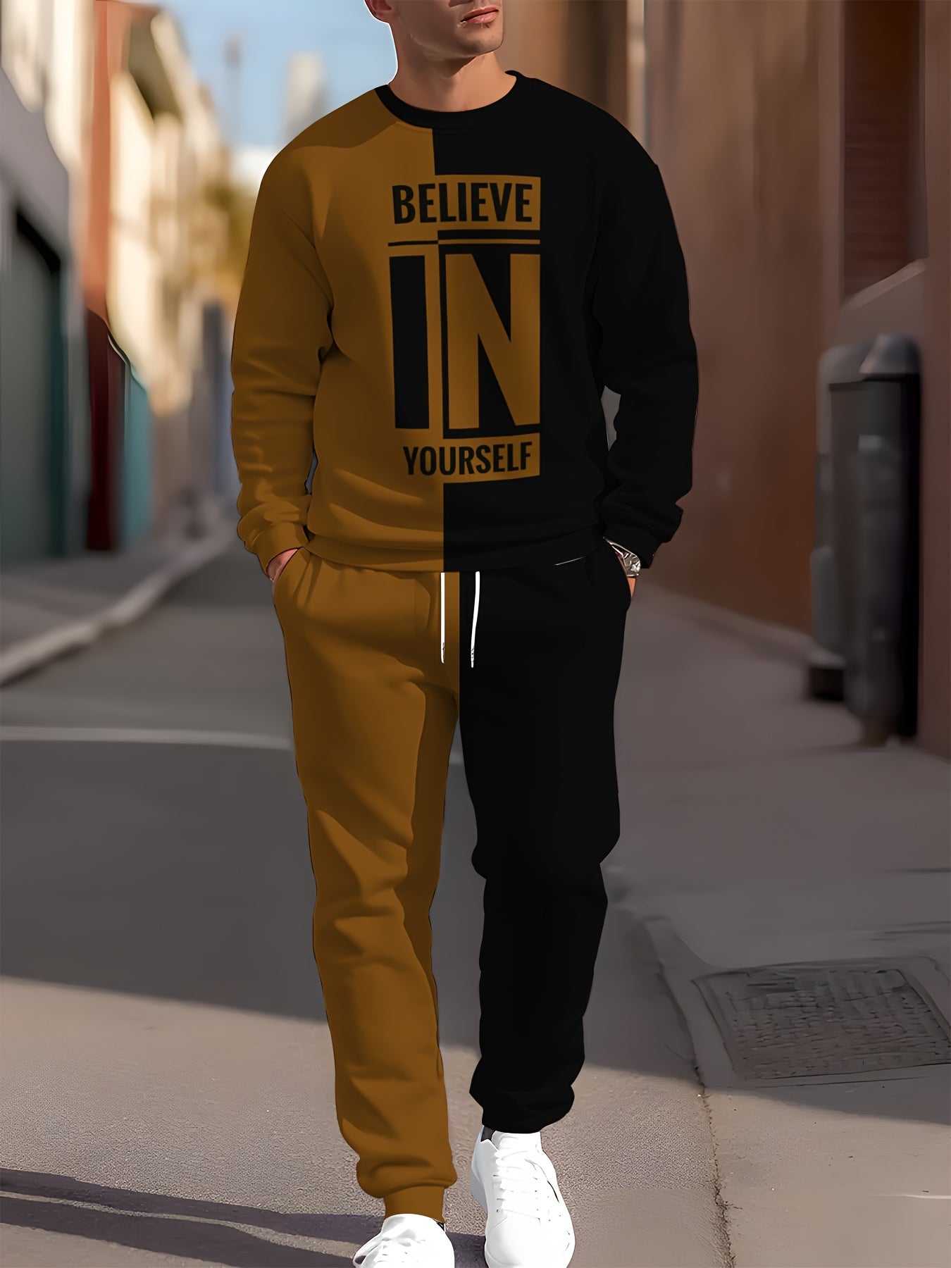 Men's polyester knit tracksuit featuring a crew neck long sleeve sweatshirt and joggers with "BELIEVE IN YOURSELF" print, offering a comfortable slight stretch in a two-piece outfit.