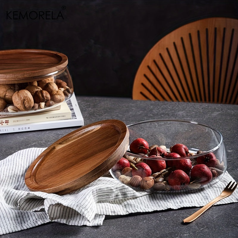 Wooden tray with glass bowl for storing nuts, fruits, cereals, and candy. Double-layered candy jars with wooden lids for kitchen storage.