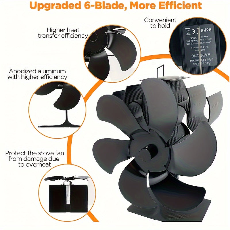 Anodized Aluminum Firewood Stove Fan with 6 Blades - Efficiently Distributes Heat from Fireplace - Thermal Protection Ensures Safe Operation - Silent Exhaust Fan with No Need for Electricity - Portable and Sturdy Metal Construction