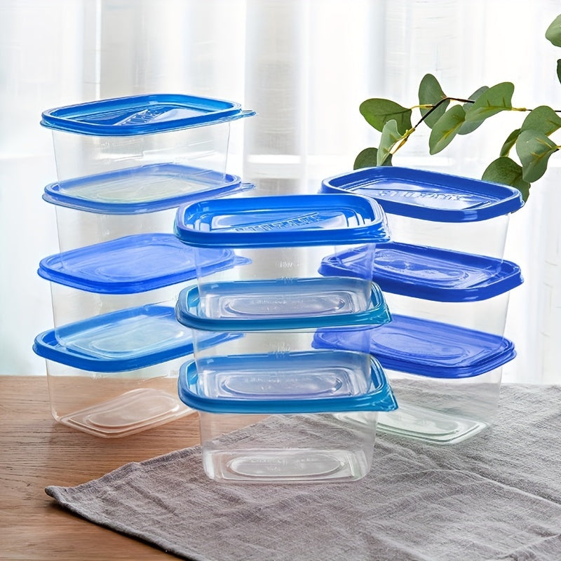 10pc set of reusable clear plastic storage containers with blue lids, perfect for storing fresh produce and snacks in the kitchen, office, school, picnics, and beach.