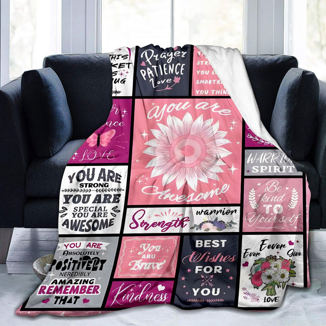 Soft and cozy flannel fleece throw blanket designed specially for women, perfect for post-surgery cancer care. Features an inspirational positive message and a soft comfortable digital print. Made of all-season knitted polyester in a contemporary style