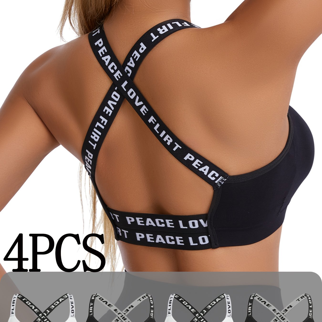 4 lettered sports bras with straps, round neck sleeveless design, comfortable and breathable activewear. Women's lingerie and multi-pack shockproof sports bras for running and yoga, padded