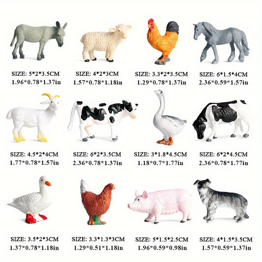 12-piece Farm Animal Figures Set for children aged 3-6, educational PVC miniature play animals featuring chickens, ducks, geese, horses, and cows for science and cognitive development.