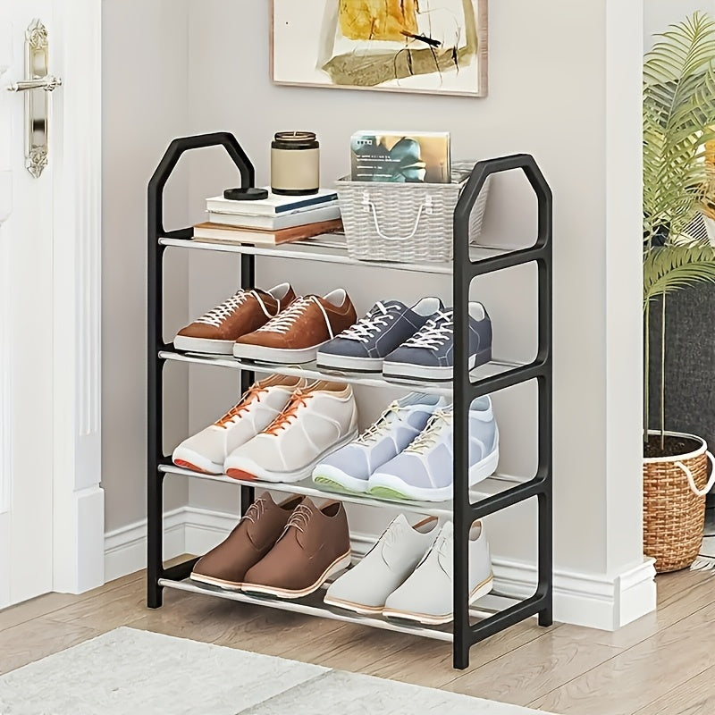 This shoe rack features a durable 4-tier metal design that is easy to assemble. It is odorless and suitable for both home and commercial use. Perfect for organizing shoes in the entryway or bedroom, with sturdy floor mounting and golden tube diameter