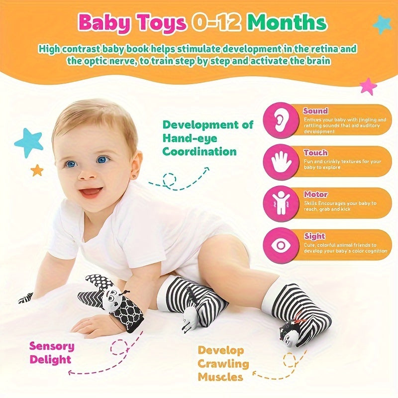 Set of Wrist Rattle and Foot Finder Socks for Young Children - Toys to Aid Developmental Milestones, Encouraging Sensory Exploration and Coordination, Suitable for any Gender, Featuring Stimulating Black and White Patterns