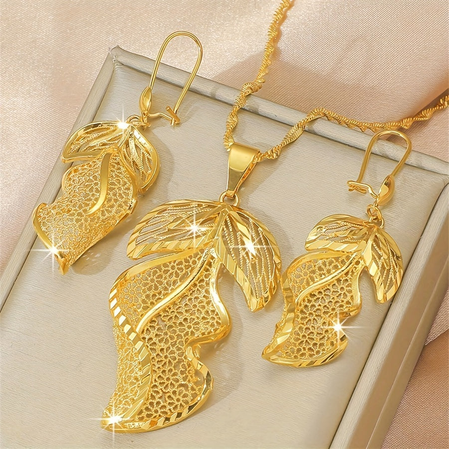 Bridal Wedding Jewelry Set with Hollow Leaf Earrings and Necklace, Set of 2 Pieces