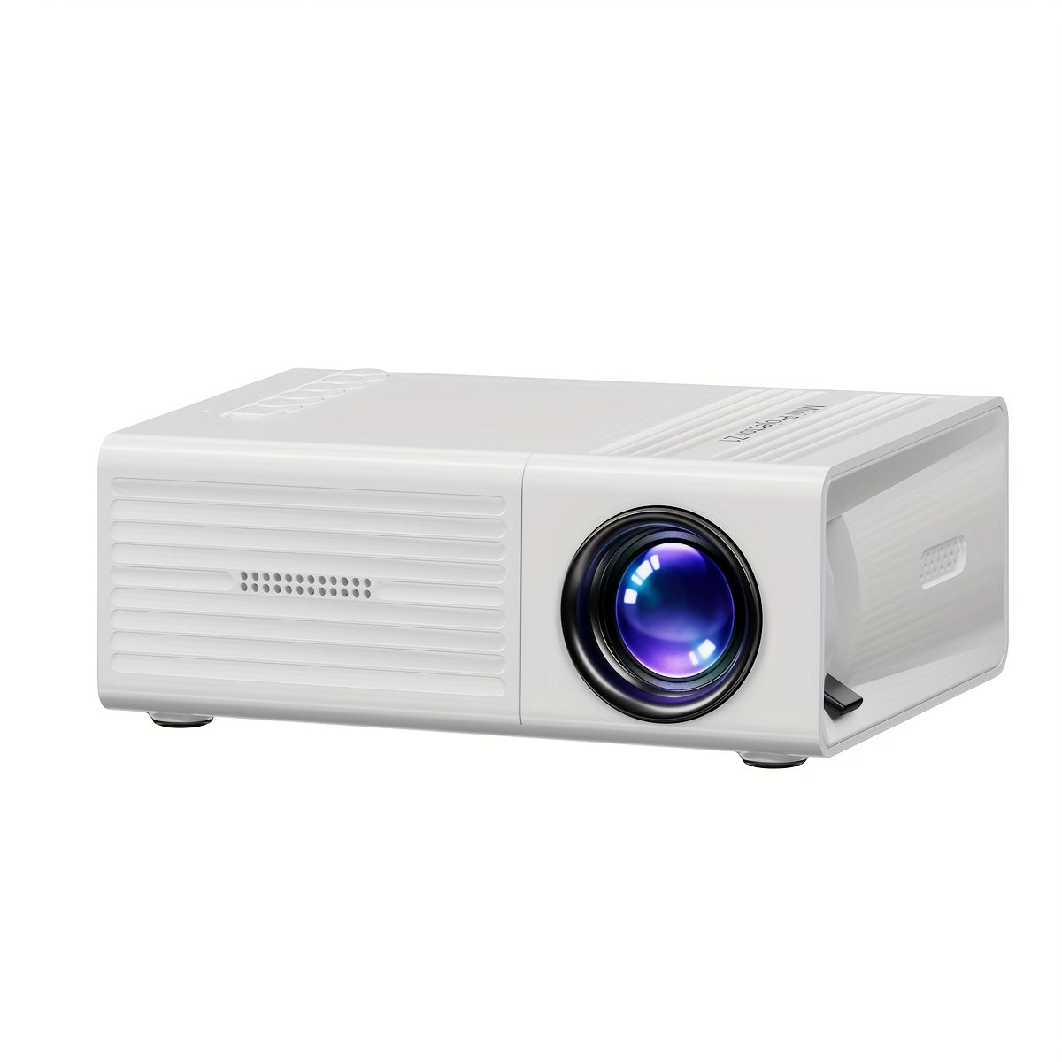 1080P portable projector with USB interface and remote control, compatible with various devices.