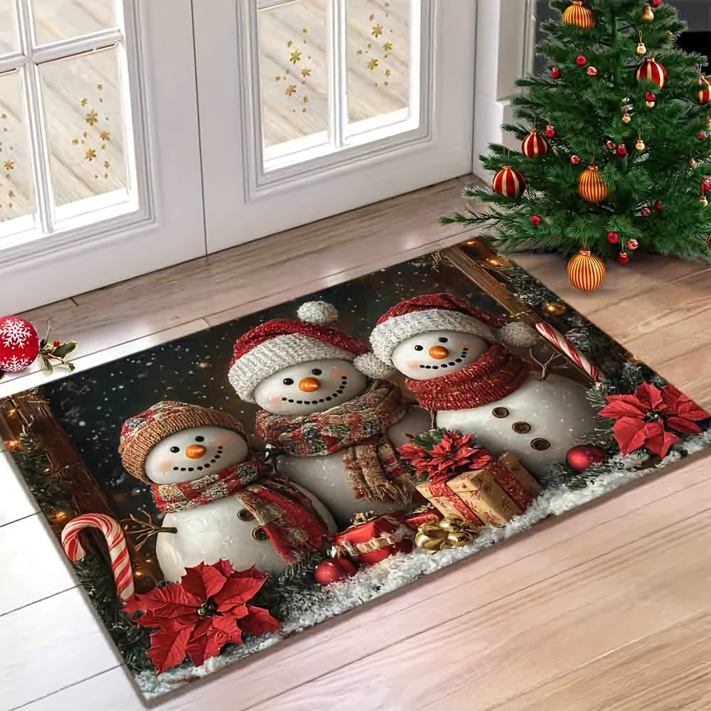 Get into the holiday spirit with our Festive Snowman Welcome Doormat! Made with non-slip, washable polyester, this Christmas floor mat features a vibrant snowmen and poinsettia design that is ideal for doorways, living rooms, bathrooms, and balconies.