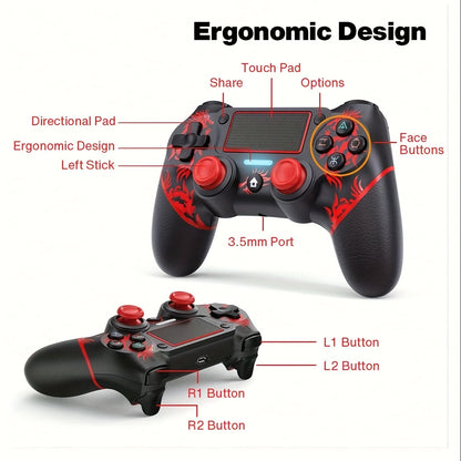 Wireless PS4 Controller with Dual Vibration, 6-Axis Controls, 3.5mm Audio Jack, Multi-Touch Pad, Red & Black Design. Compatible with PS4/Slim/Pro/PC/ios/Android/Tablet/Steam. Perfect for