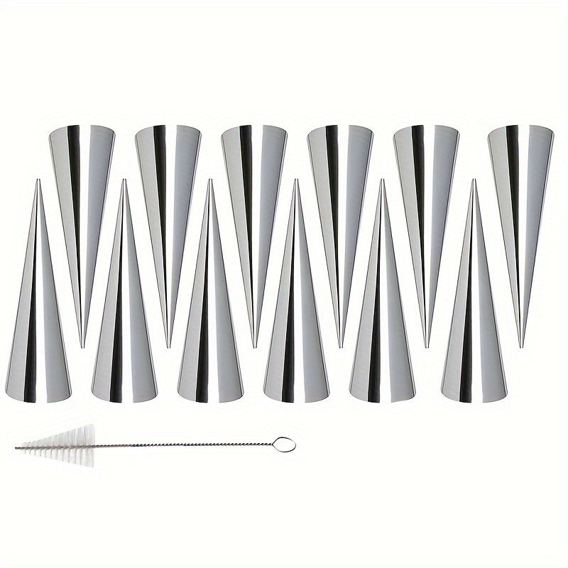 Set of 30 stainless steel cone-shaped molds for making croissants, cannolis, cream rolls, puffs, waffle cones, and more baking supplies and kitchen gadgets.