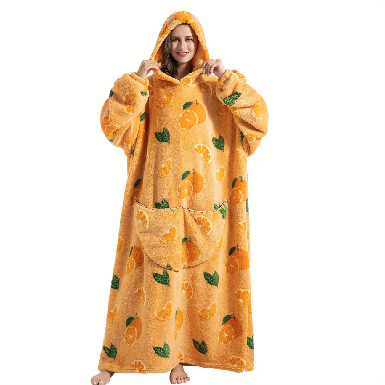 Stay warm and stylish in our oversized hoodie wearable blanket featuring a fun pepperoni pizza print. Made from super soft, warm polyester, this adult robe comes with a large front pocket for your convenience. Perfect for both men and women, this