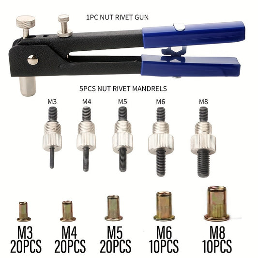 80-piece nut set with pliers and 5 model conversion heads for M3, M4, M5, M6, and M8.