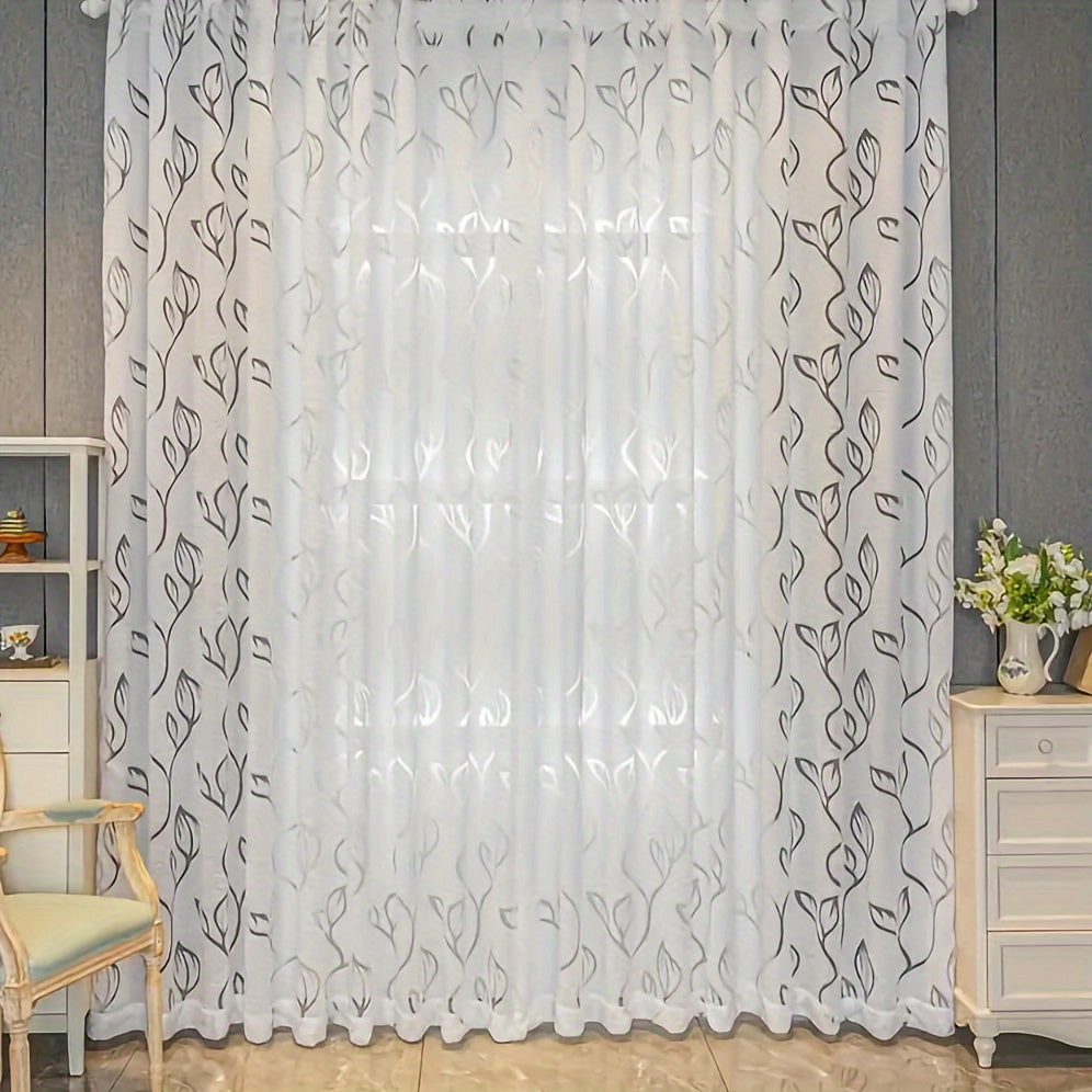 Add a touch of Nordic minimalism to your space with this elegant white sheer curtain featuring a beautiful hollow leaf design. Made with bark texture fabric, this curtain has a rod pocket top for easy hanging. Perfect for bedrooms, living rooms, and