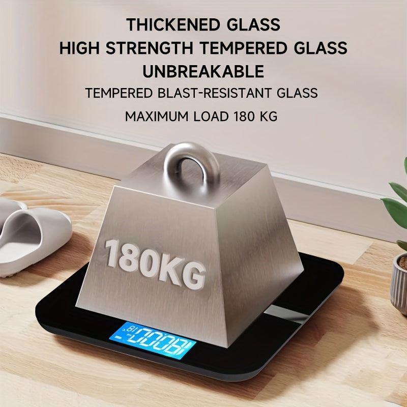 Modern black bathroom scale with 183.7 KG capacity, LCD display, sleek design for home use.