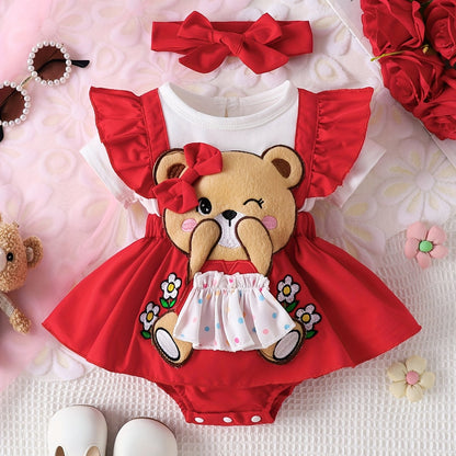 Adorable summer romper for baby girls with bow and bear embroidery, ideal for newborns and outdoor wear