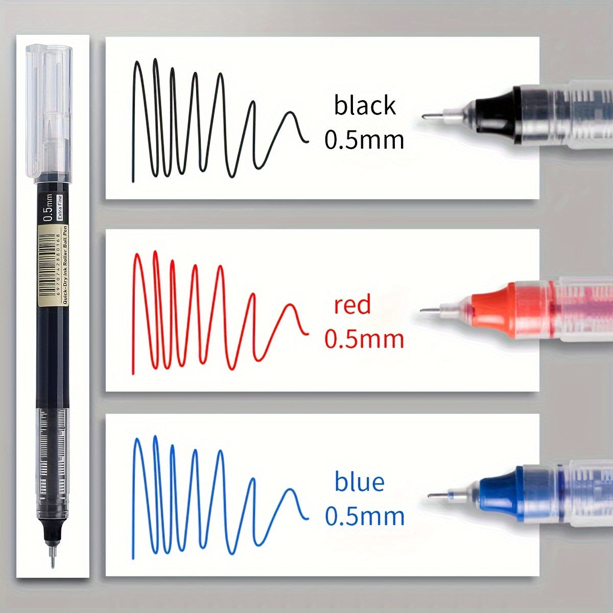 30pcs/10pcs direct liquid quick-drying ballpoint pens in black, blue, and red 0.5mm. School and office gel pens for homework and writing tasks.