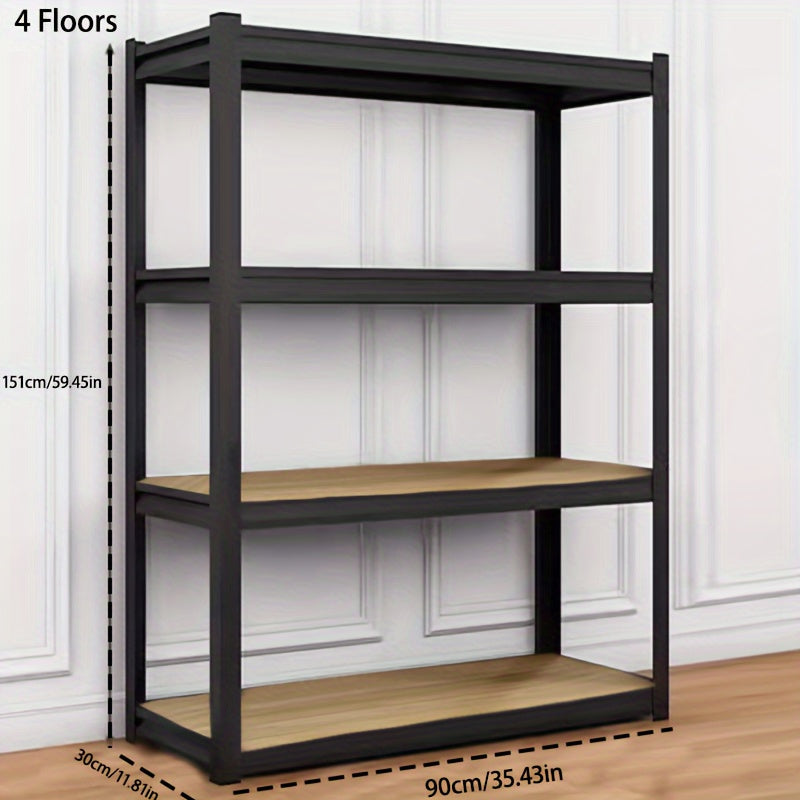 Adjustable heavy-duty storage shelf for various spaces: garage, warehouse, basement, pantry, car or food storage.