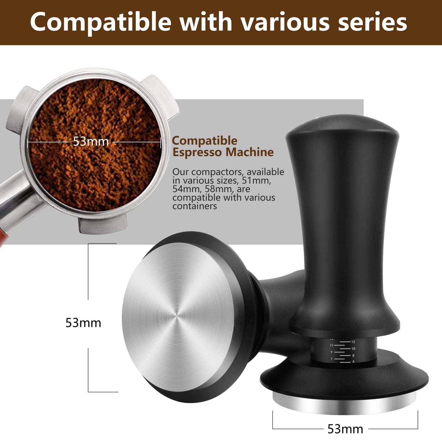 Espresso Tamper Set with Calibrated 51/53/58mm Sizes and Spring Loaded Handle, Stainless Steel Flat Base Coffee Tamper