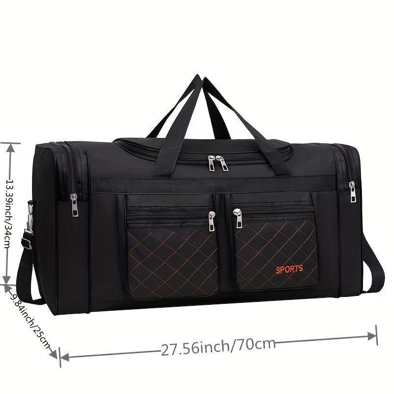 Spacious handbag for men with multiple pockets, ideal for travel and clothes storage.