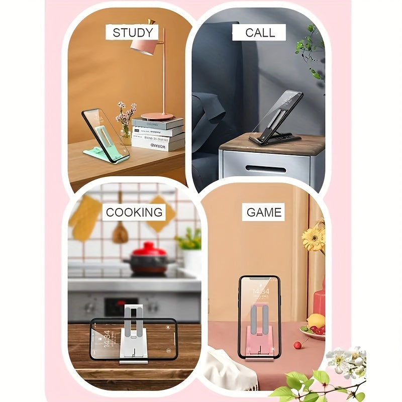 Adjustable foldable phone stand made of multi-functional ABS material, suitable for bedside table or tabletop use with smartphones, tablets, and live streaming support. Not waterproof.