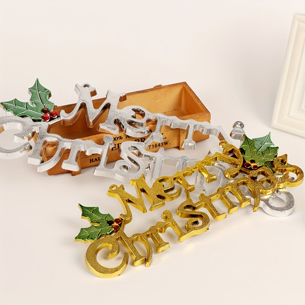 Christmas Hanging Sign - Gold and Silver Letter Decoration, Plastic Holiday Ornament