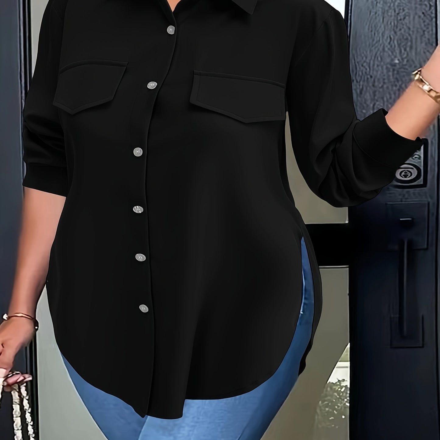 Curved hem blouse for spring, button front and collared, plus size.