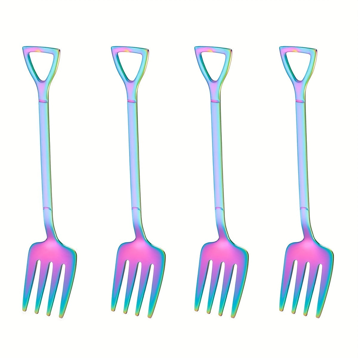 Set of 4 stainless steel fruit, cake, and dessert forks in creative shapes. Dishwasher safe. Perfect for home, restaurant, hotel, parties, gifts, coffee bars, Halloween, Day of the Dead, and Christmas.