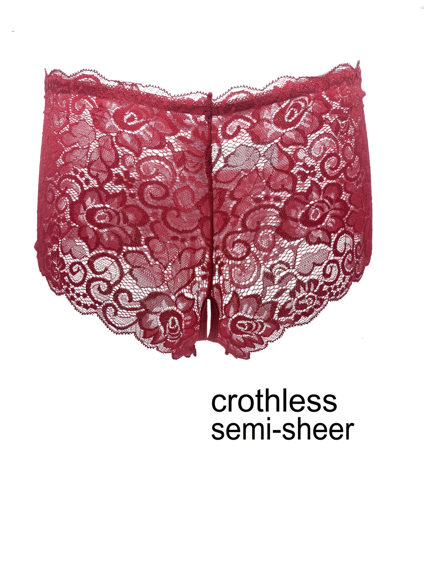 Valentine's Day lace open-crotch panties for women in red with bow details.