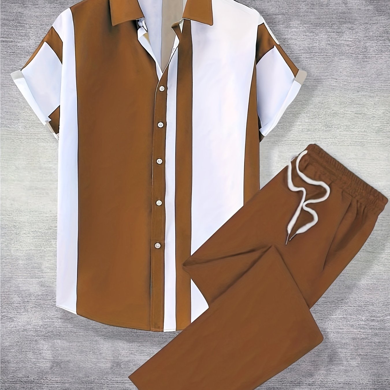 Men's casual collar short sleeve shirt and straight pants suit made of polyester.