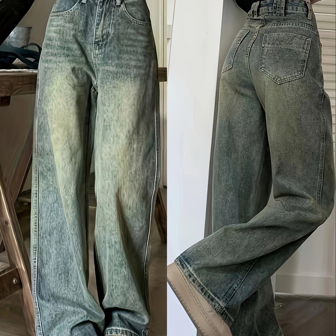 Women's high rise retro style jeans with loose fit and slant pockets.