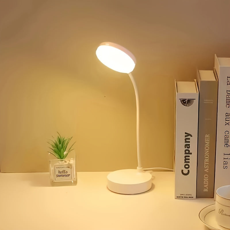 Touch-controlled LED desk lamp with adjustable brightness levels, USB powered, eye-friendly technology, in modern white and warm light options.