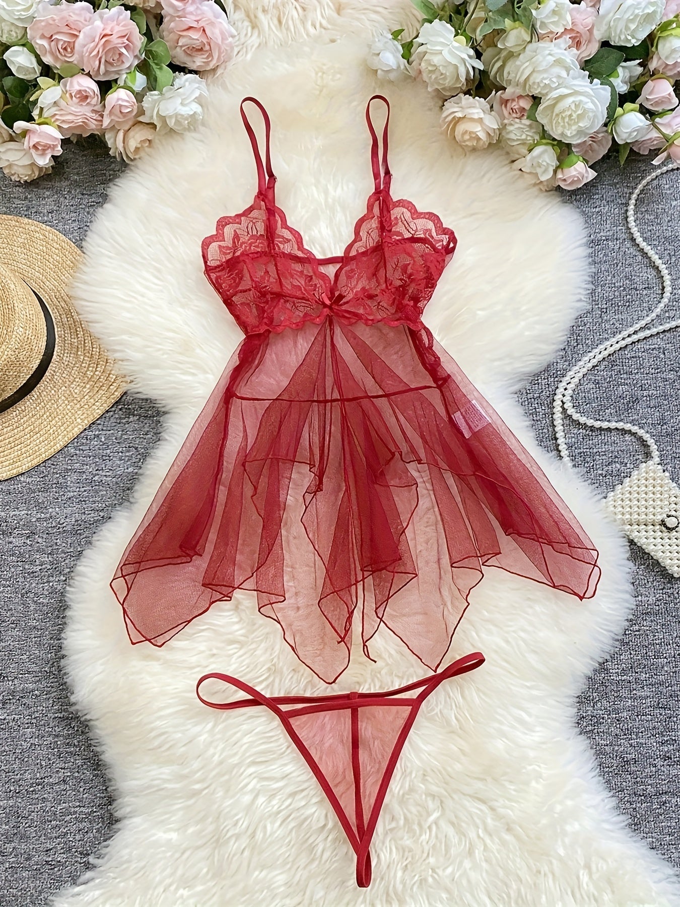 Sheer lace lingerie set with bow cami dress and thong - women's sexy underwear.